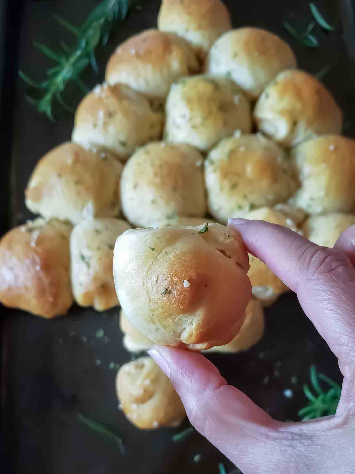 A hand holding pull apart garlic bread from the Christmas Tree Appetizer.