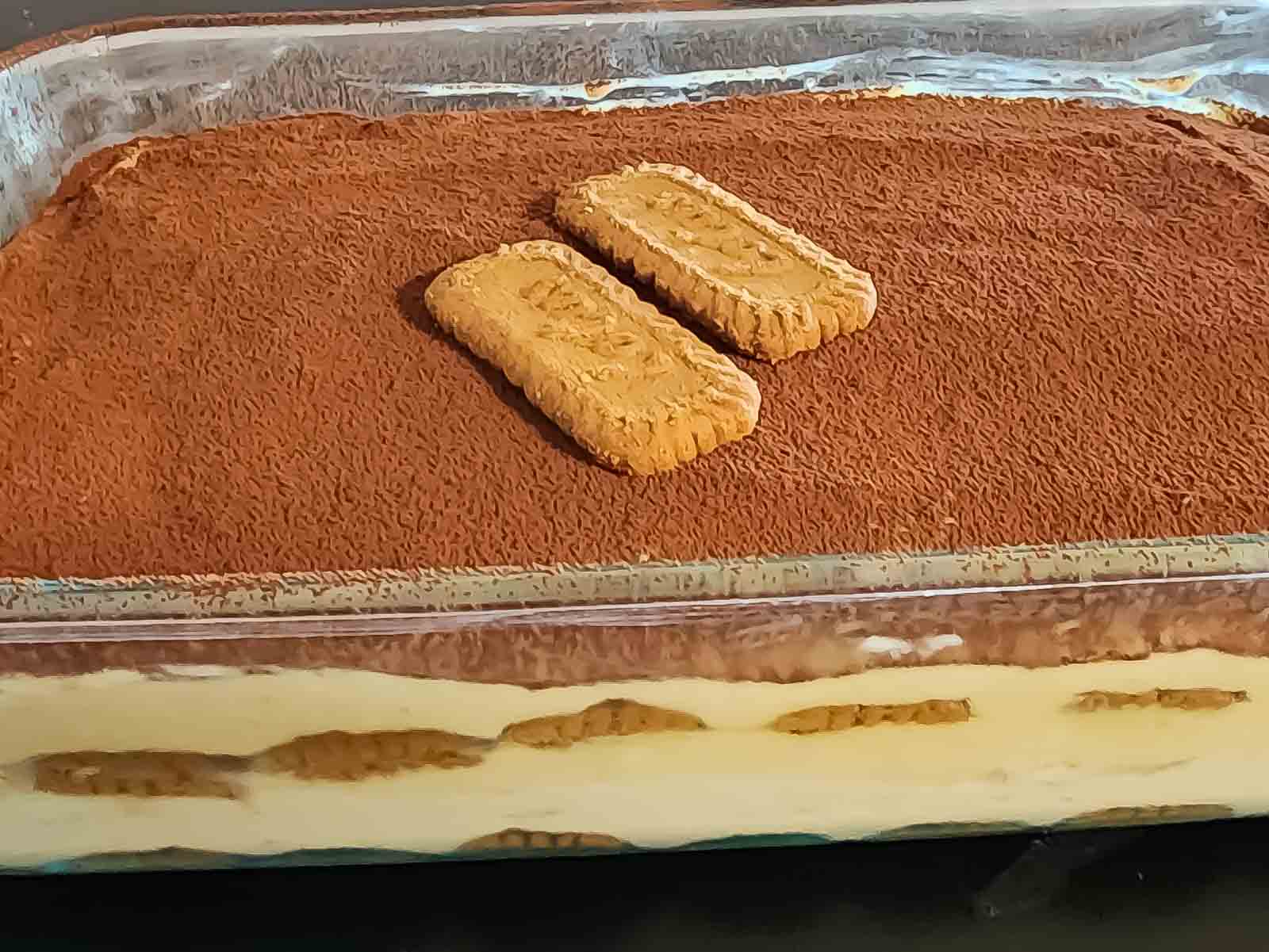A close up showing creamy Lucious tiramisu made with biscoff cookies. 