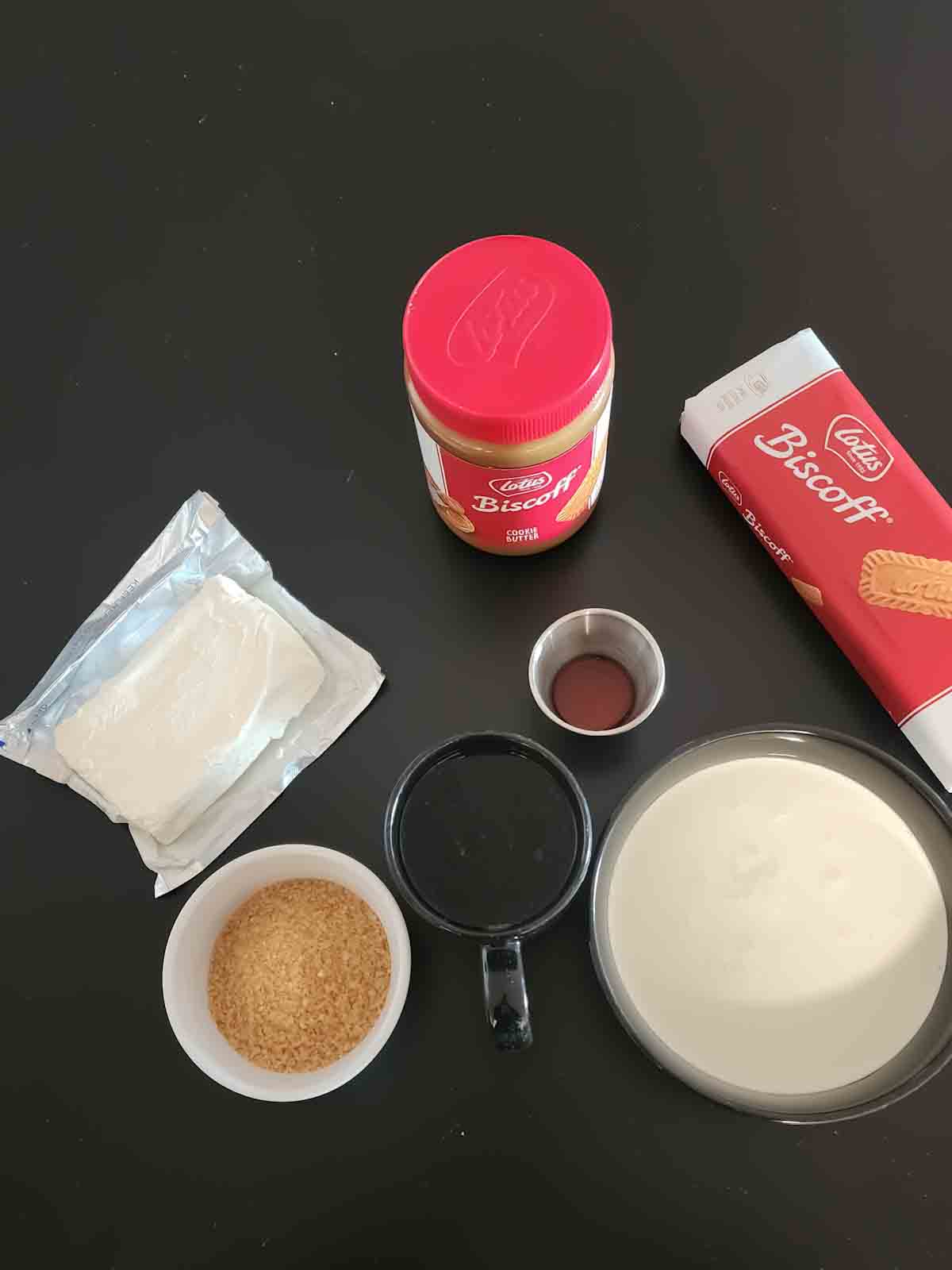 Ingredients used in making eggless Biscoff Tiramisu coffee dessert recipe.