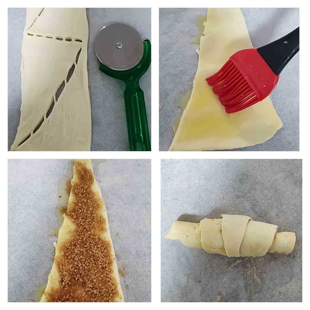 Process Step collage showing how to make homemade Cinnamon Crescent Rolls.
