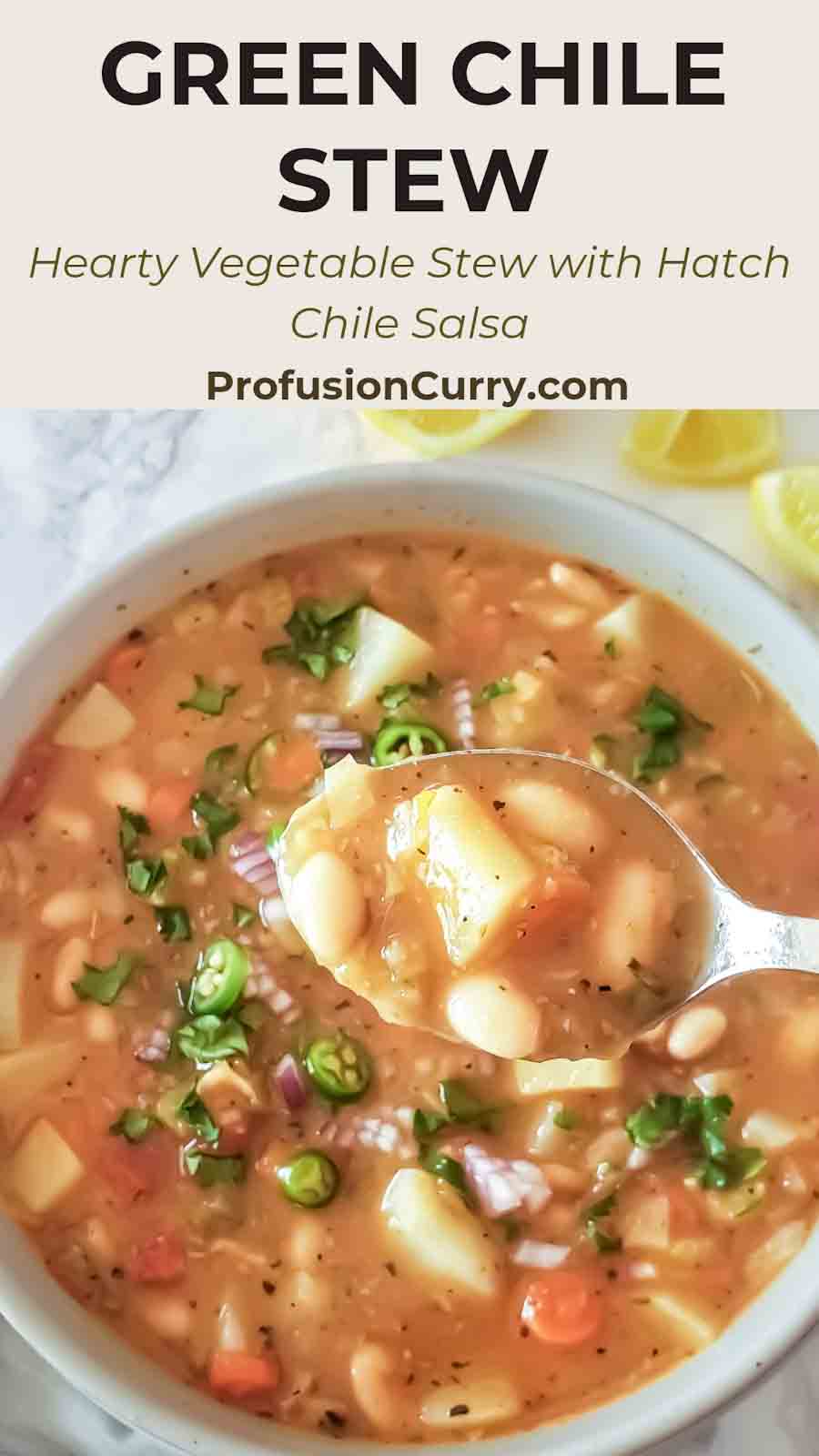 Pinterest image with text for hearty comforting vegan green chile stew recipe made in Instant Pot or stove top.