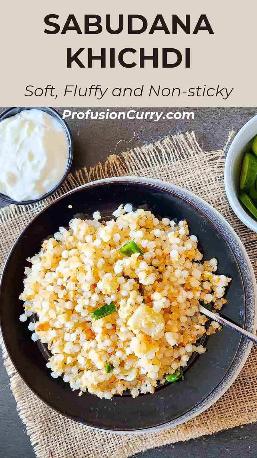 Pinterest image with text overlay for vegan and gluten free sabudana khichdi recipe.