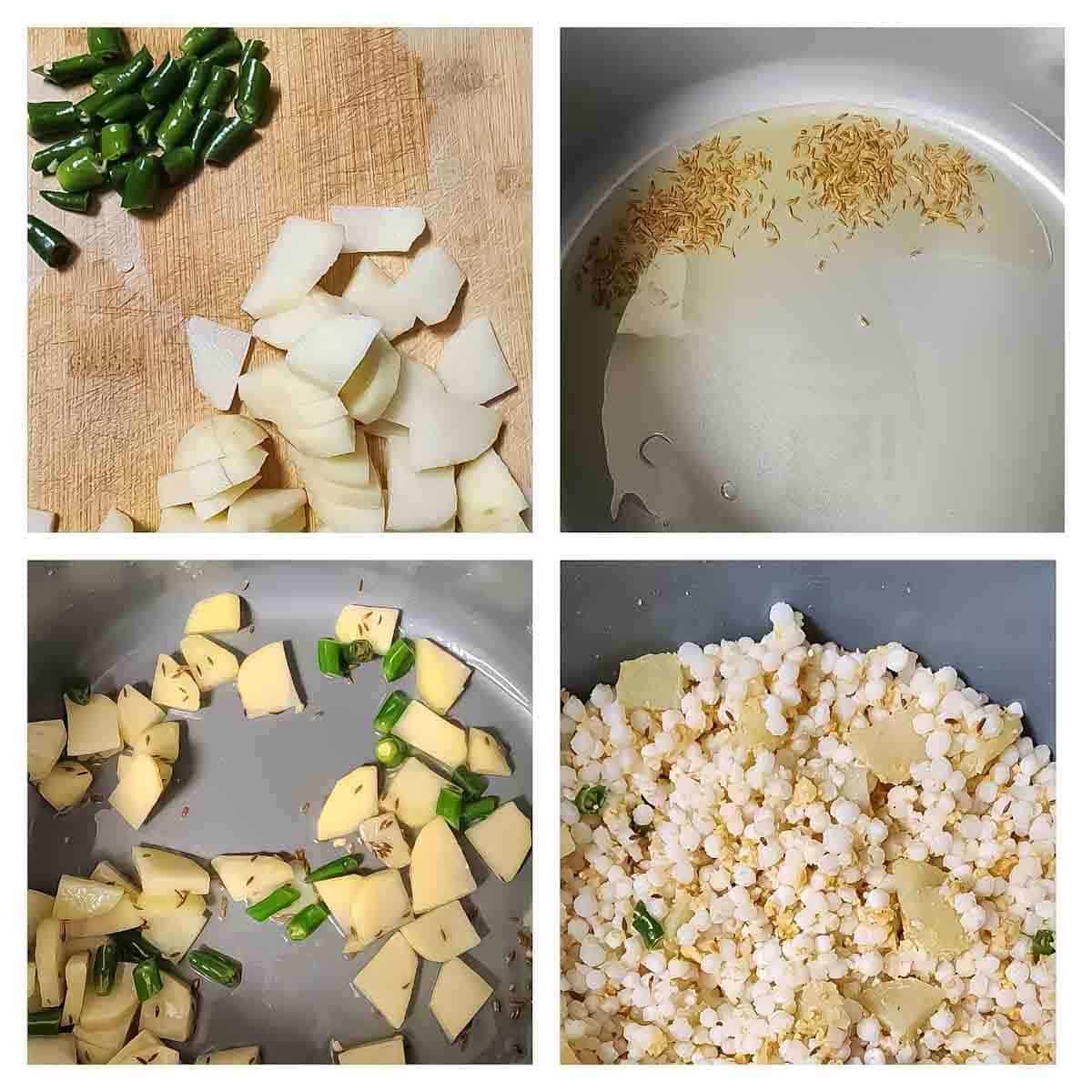 Process step collage showing 4 easy steps involved in making scrumptious sabudana khichdi on stovetop. 