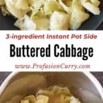 Pinterest image with text overlay for easy buttered cabbage side dish recipe.