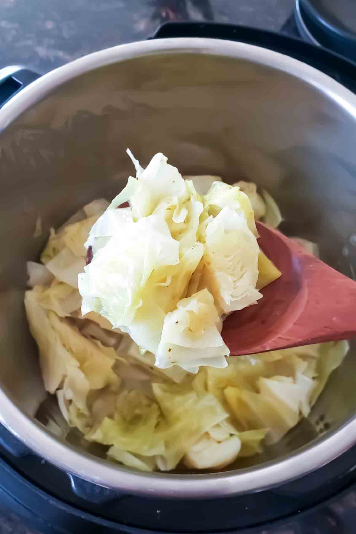 Showing soft and tender green cabbage cooked in broth with butter.