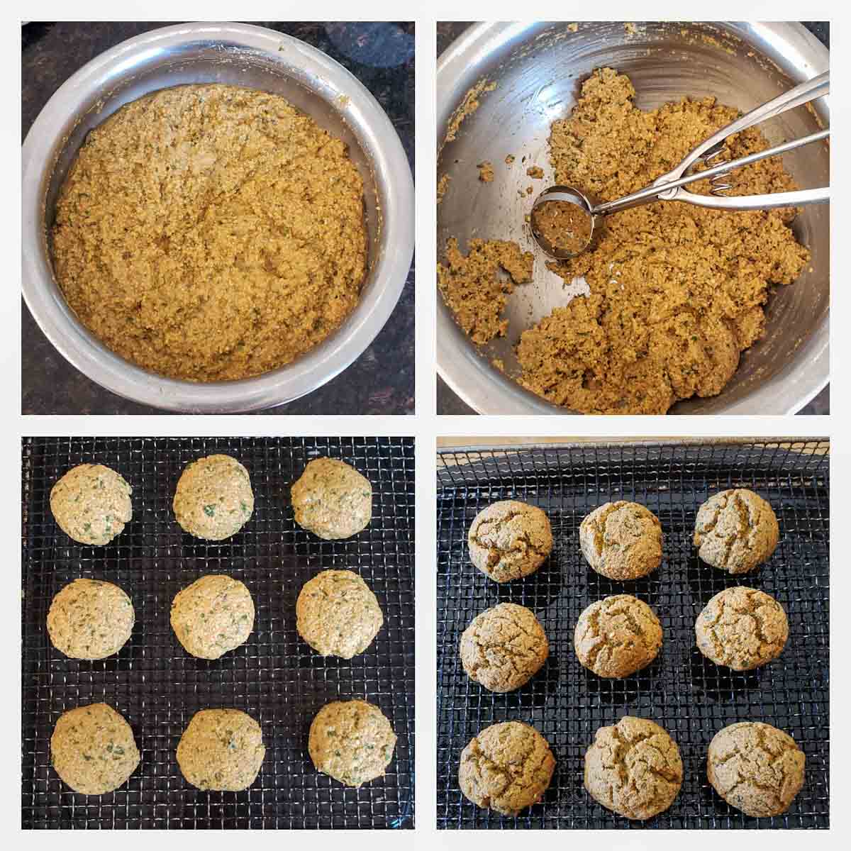 Step by step instructions photo collage showing how to make baked falafel using air fryer or oven.