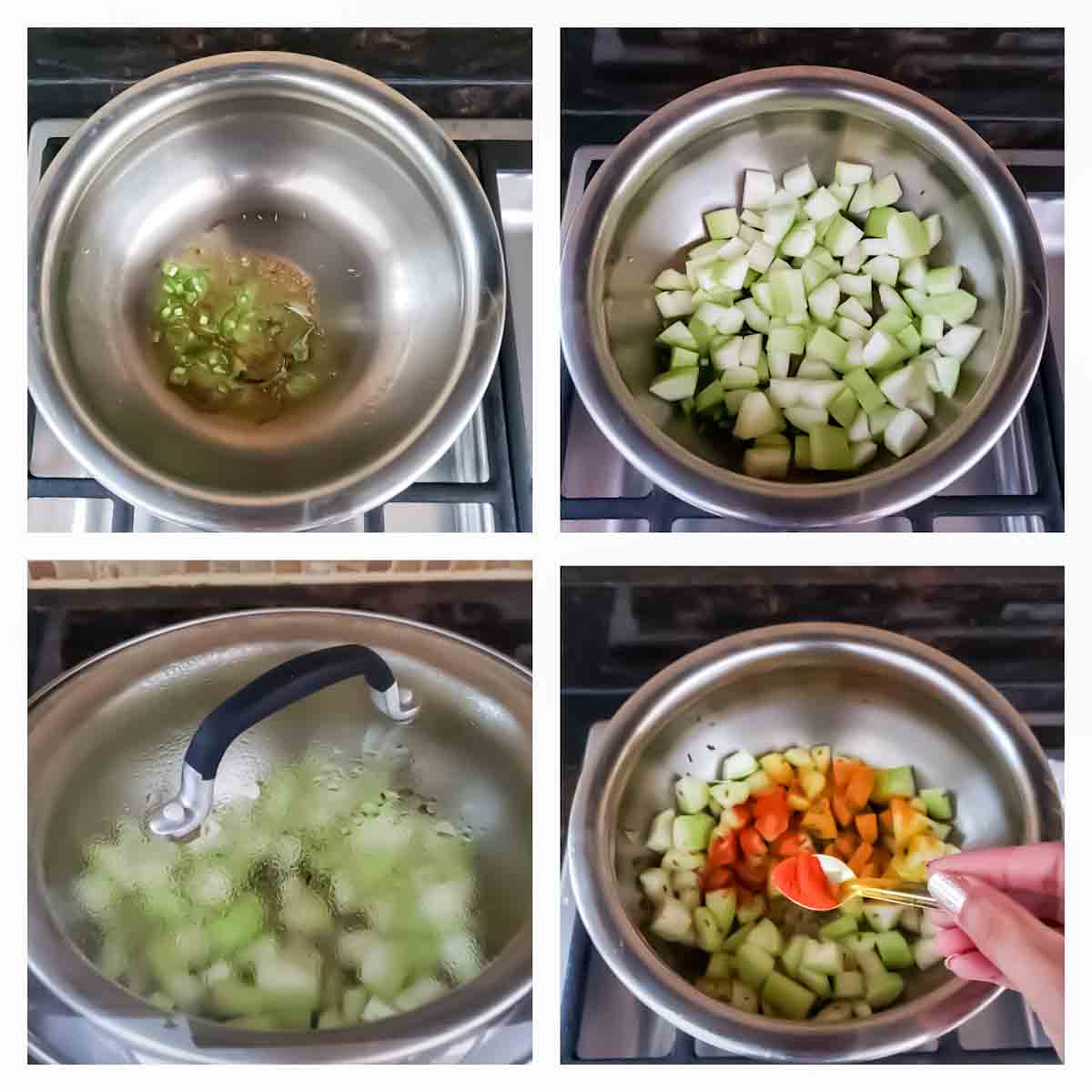 Step by step process step collage showing how to make vegan and gluten free lauki ki sabji at home.