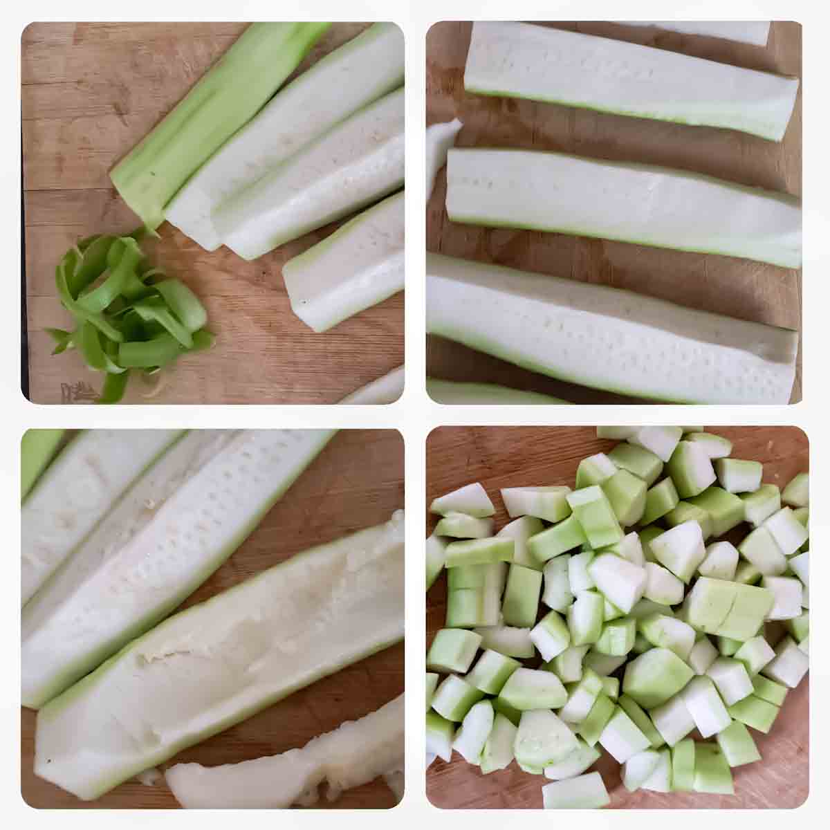 Prepare bottle gourd to make the curry by peeling, scooping and dicing it.