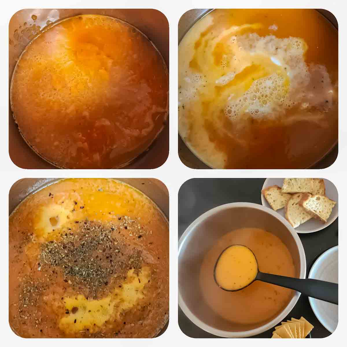 Process step collage showing how to prepare the Creamy soup with roasted vegetables.