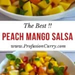 Pinterest image with text overlay for vegan and gluten free peach and mango salsa recipe.