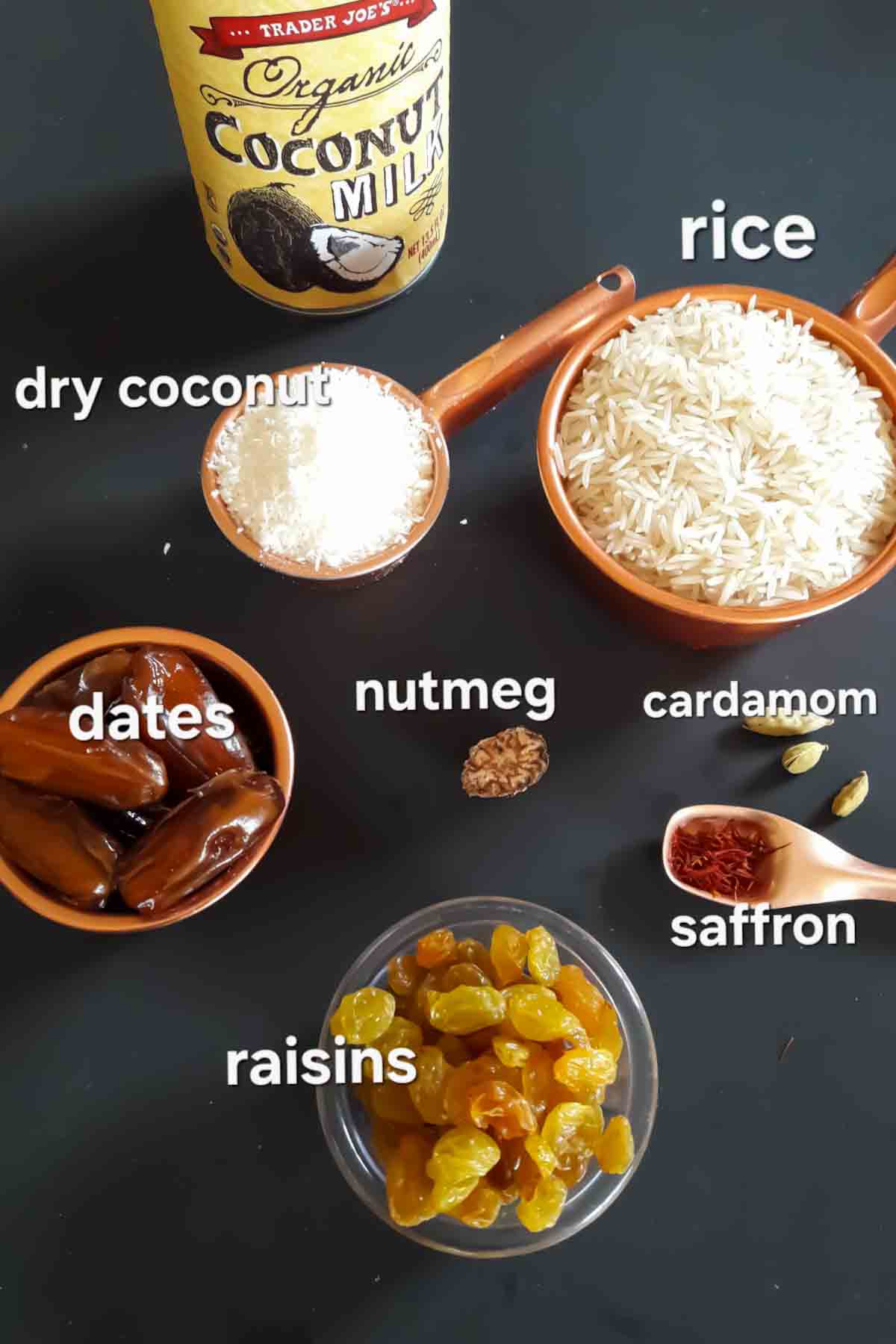Ingredients used in making coconut milk kheer with rice. This Indian dessert recipe uses vegan and gluten free ingredients.