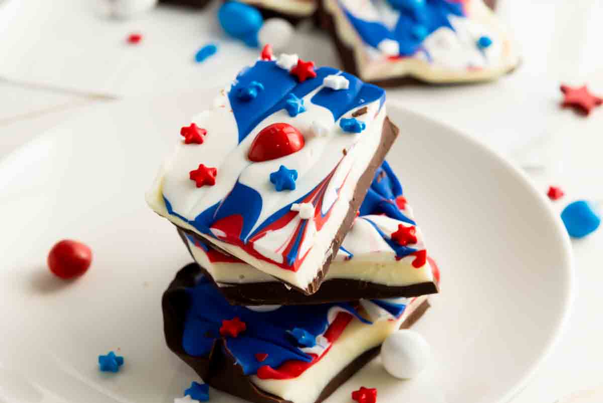 A piece of candy bark with flag colors.
