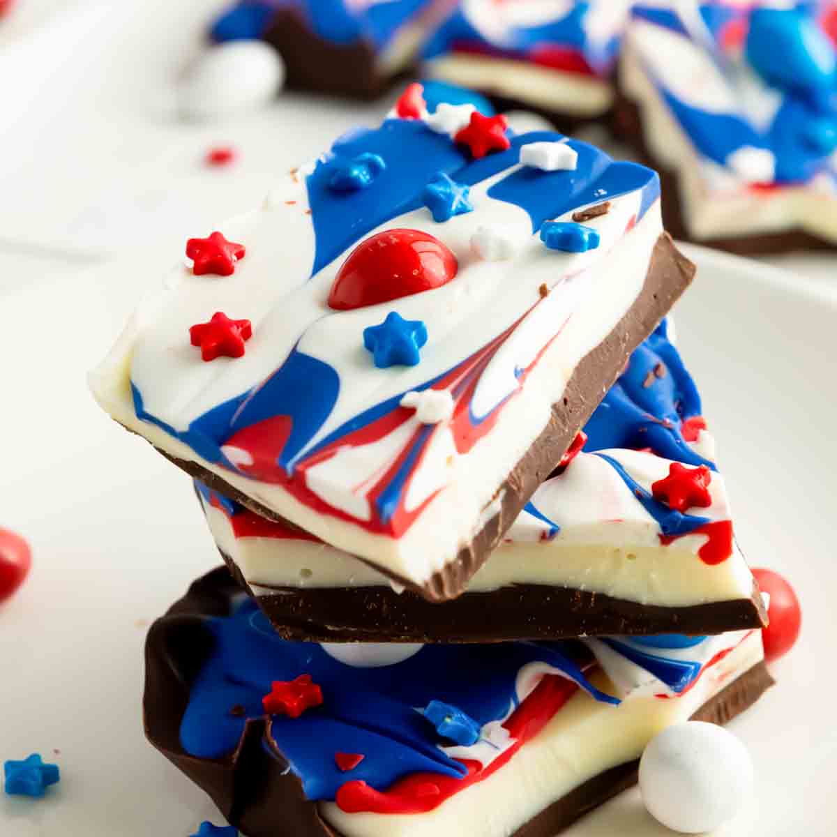 Red, white and blue chocolate bark for patriotic dessert. 