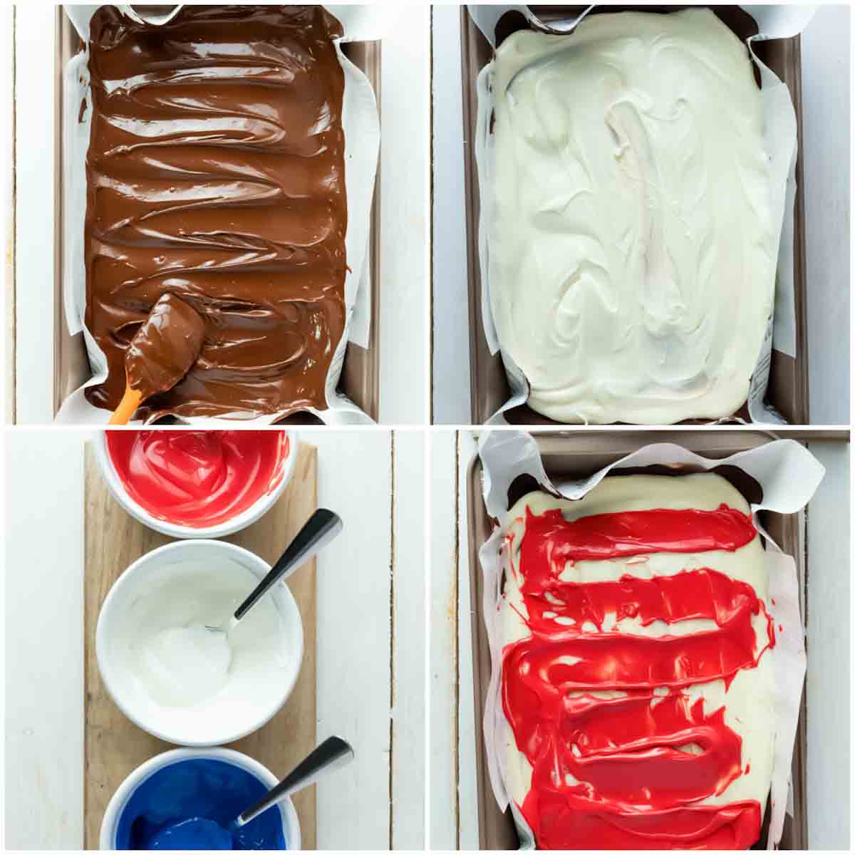 Step by step instructions  collage on how to make Patriotic chocolate bark at home using chocolate chips and candy melts.