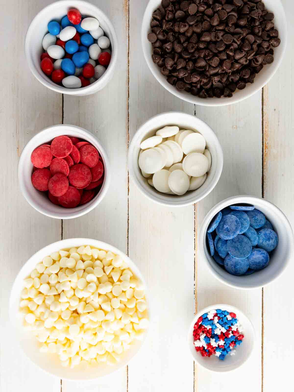 Ingredients used in making homemade red, white and blue candy bark.