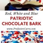 Pinterest image with text overlay for red, white and blue chocolate bark recipe.