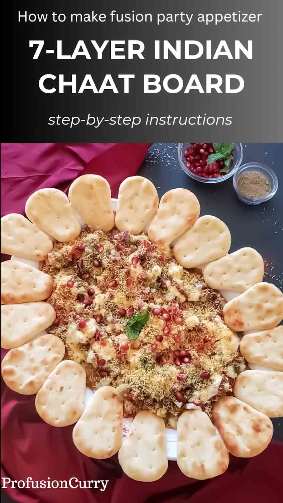 Pinterest image with text overlay for 7-layer Indian Chaat Dip.