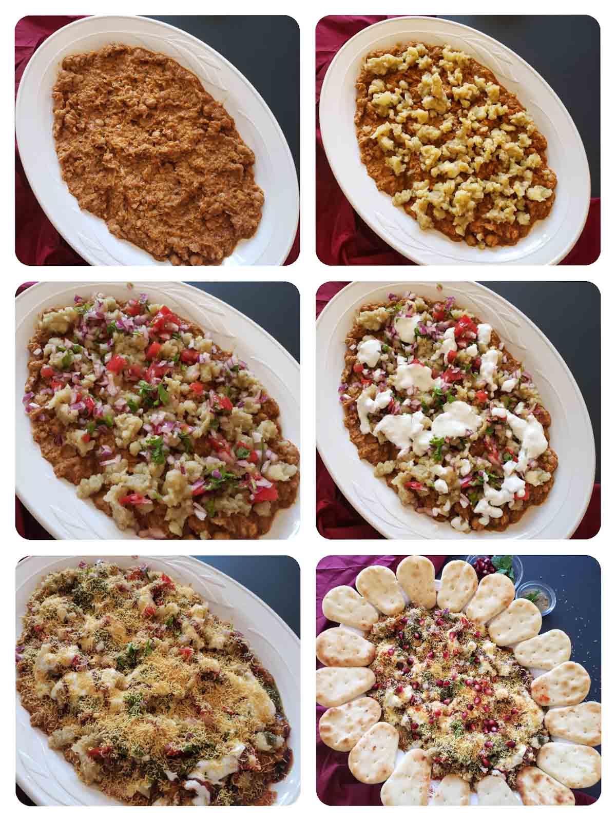 Process step collage showing how to prepare Indian 7-layer Chaat board.