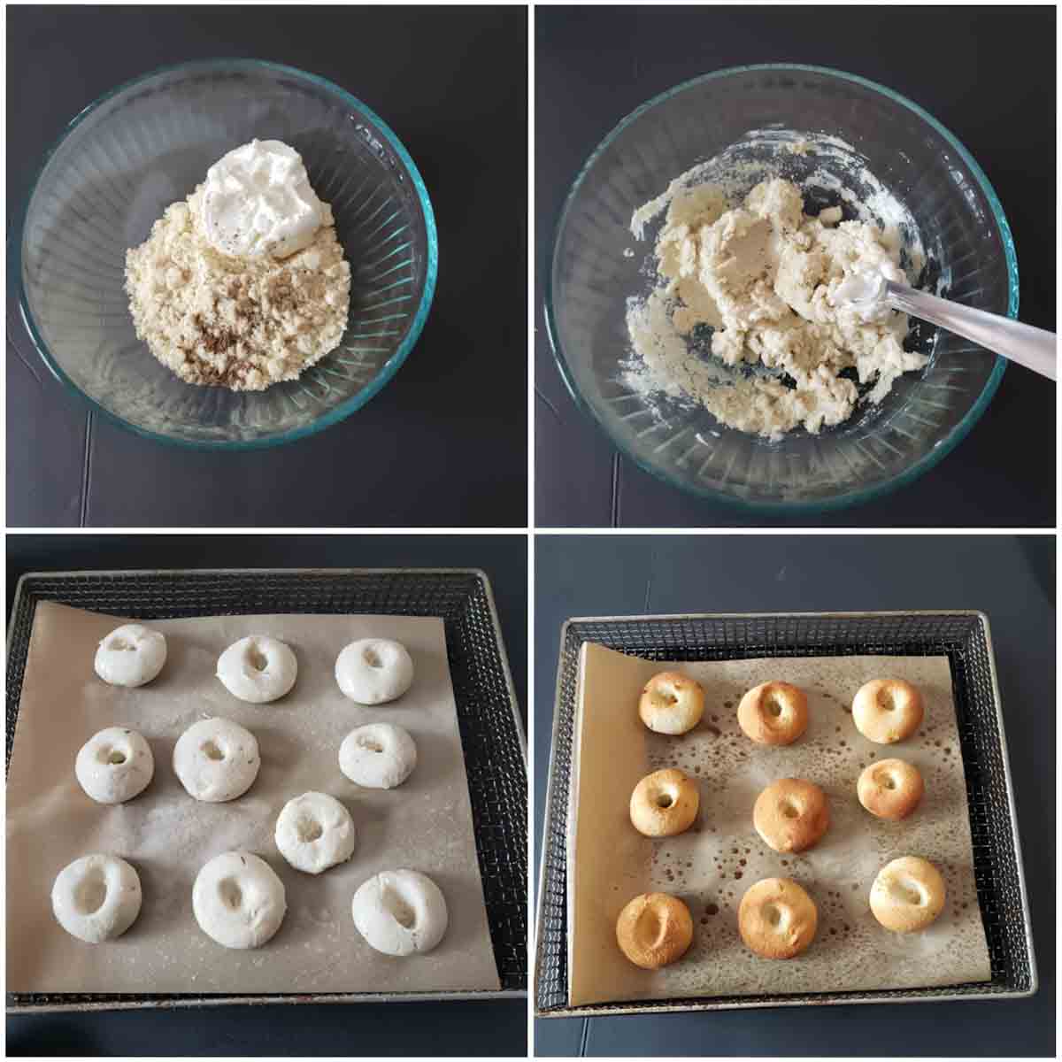 Step by step instruction collage showing how to make 2-ingredient bagel bites with Greek yogurt.