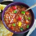 Vegan stuffed pepper soup, which is excellent one pot gluten-free meal, served for comforting meal.