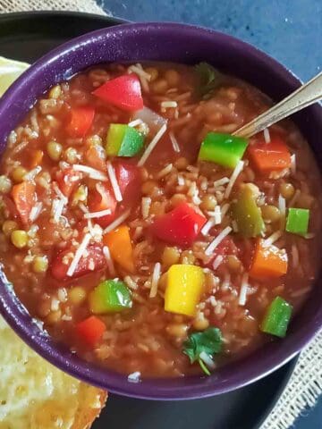 Vegan stuffed pepper soup, which is excellent one pot gluten-free meal, served for comforting meal.
