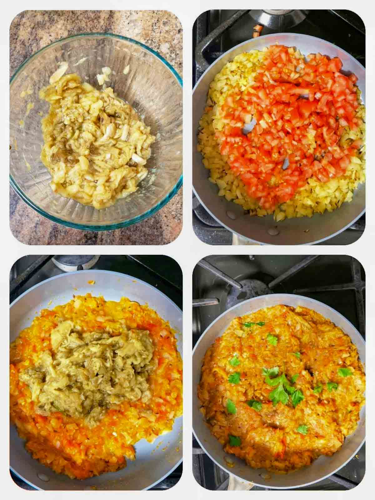 Process step collage showing four main steps involved in making this air fryer baingan bharta recipe.