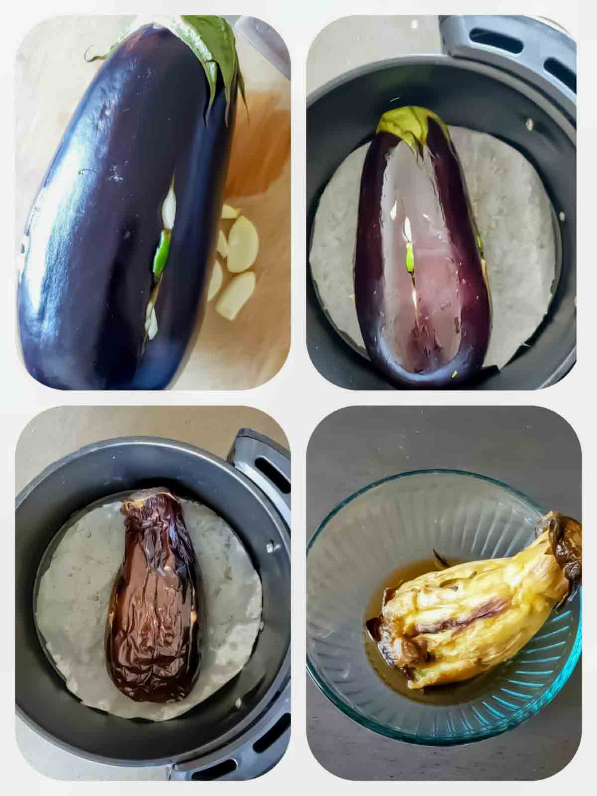 Process step collage showing how to prepare roasted eggplant for making bharta.