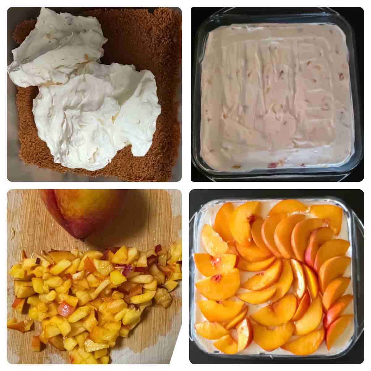 Process step collage showing last 4 steps of making no-bake peach cheesecake.