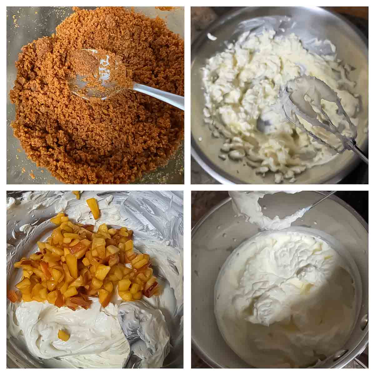 Process step collage showing first 4 steps in how to make Homemade no-bake peach cheesecake decorated with fresh peaches.