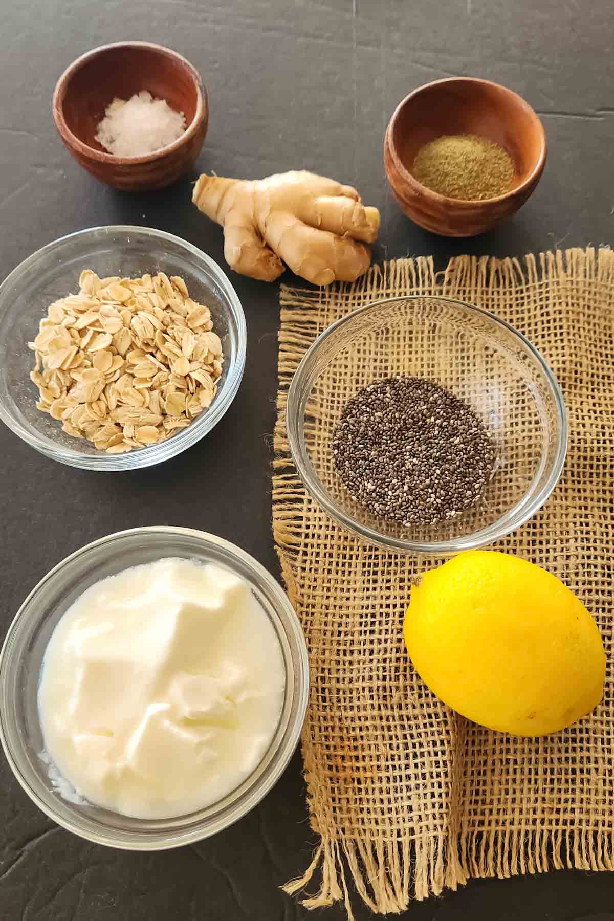Ingredients used in making vegan and gluten-free High-protein savory overnight oats in a mason jar