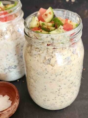 Savory Overnight Oats with Chia and Yogurt served for vegan and gluten-free breakfast.