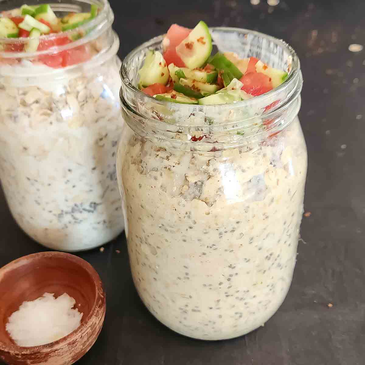 Savory Overnight Oats with Chia and yogurt served for vegan breakfast.