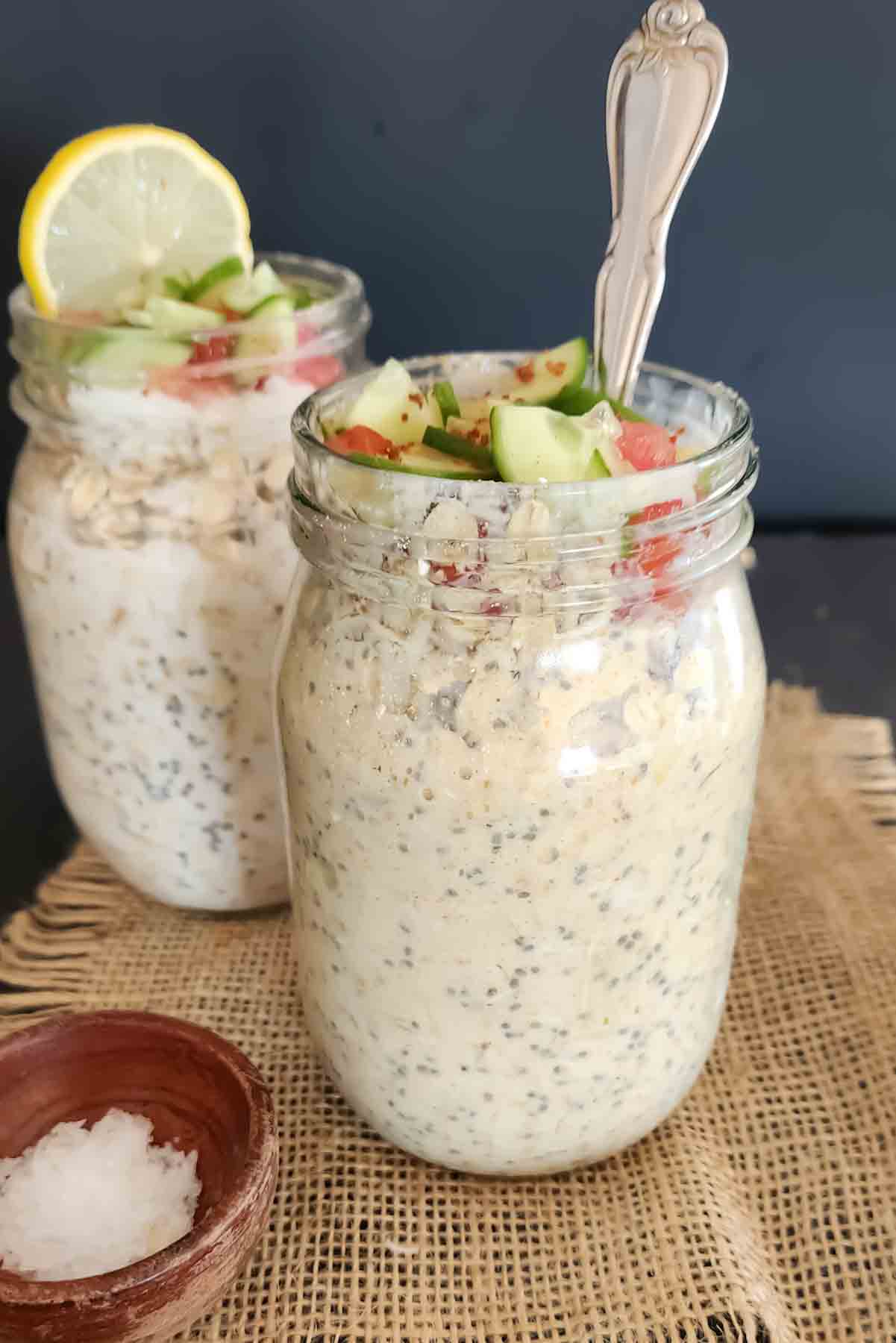 Savory overnight oats with cucumber, tomatoes and herbs.