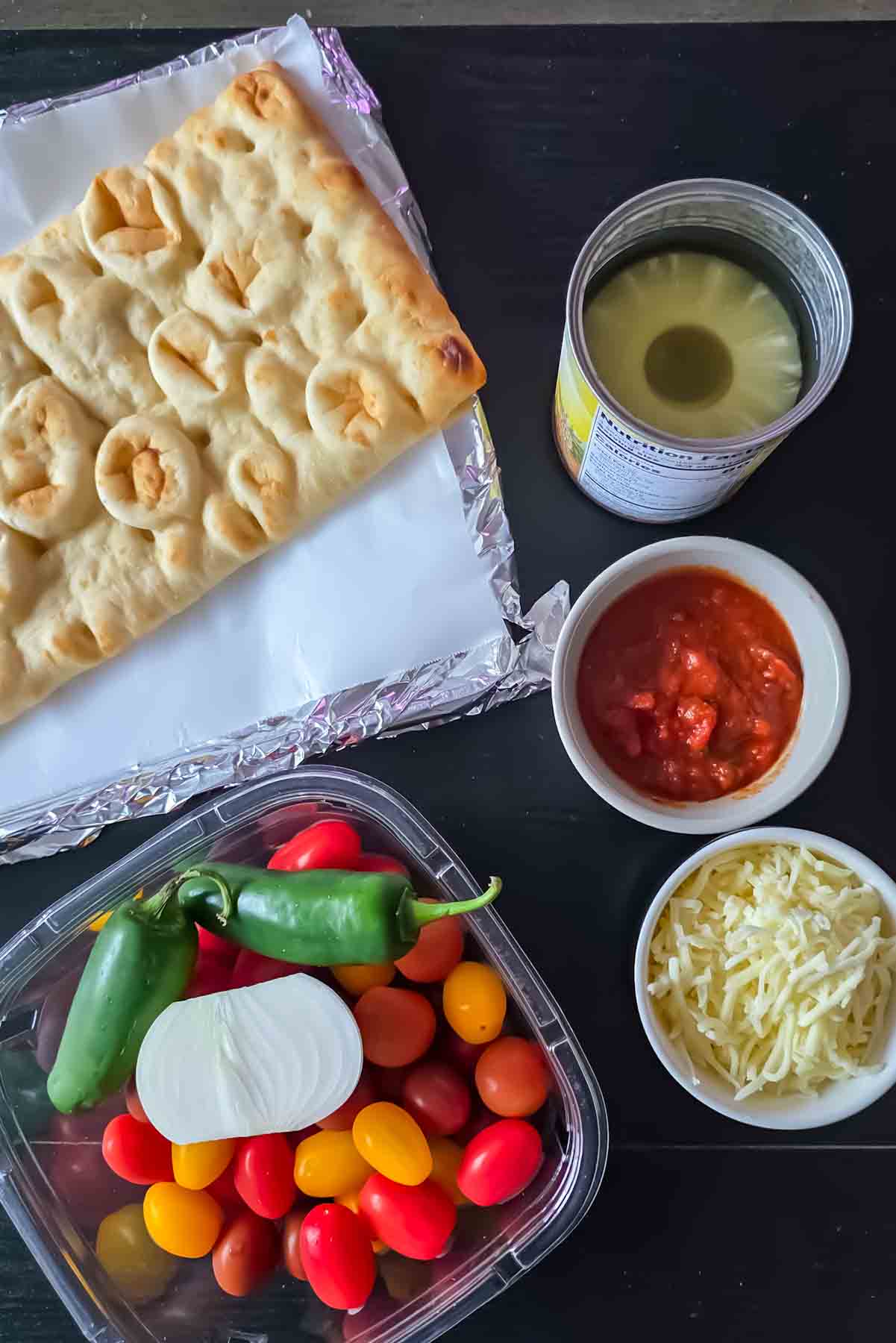 Ingredients used in making Pineapple jalapeño flatbread pizza.