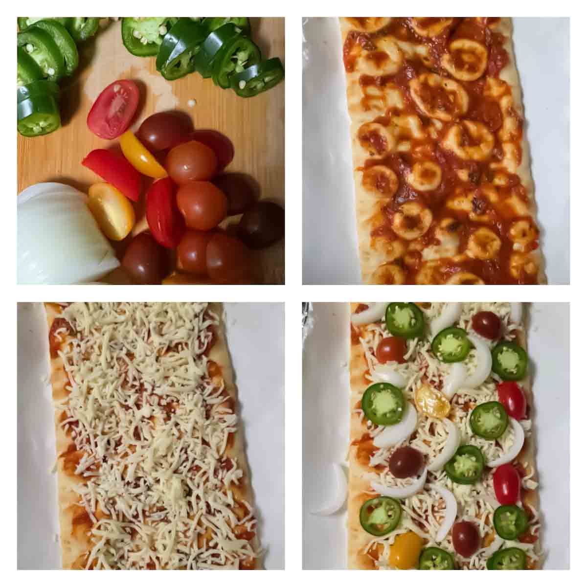Air fryer Pineapple jalapeno flatbread recipe making steps collage.