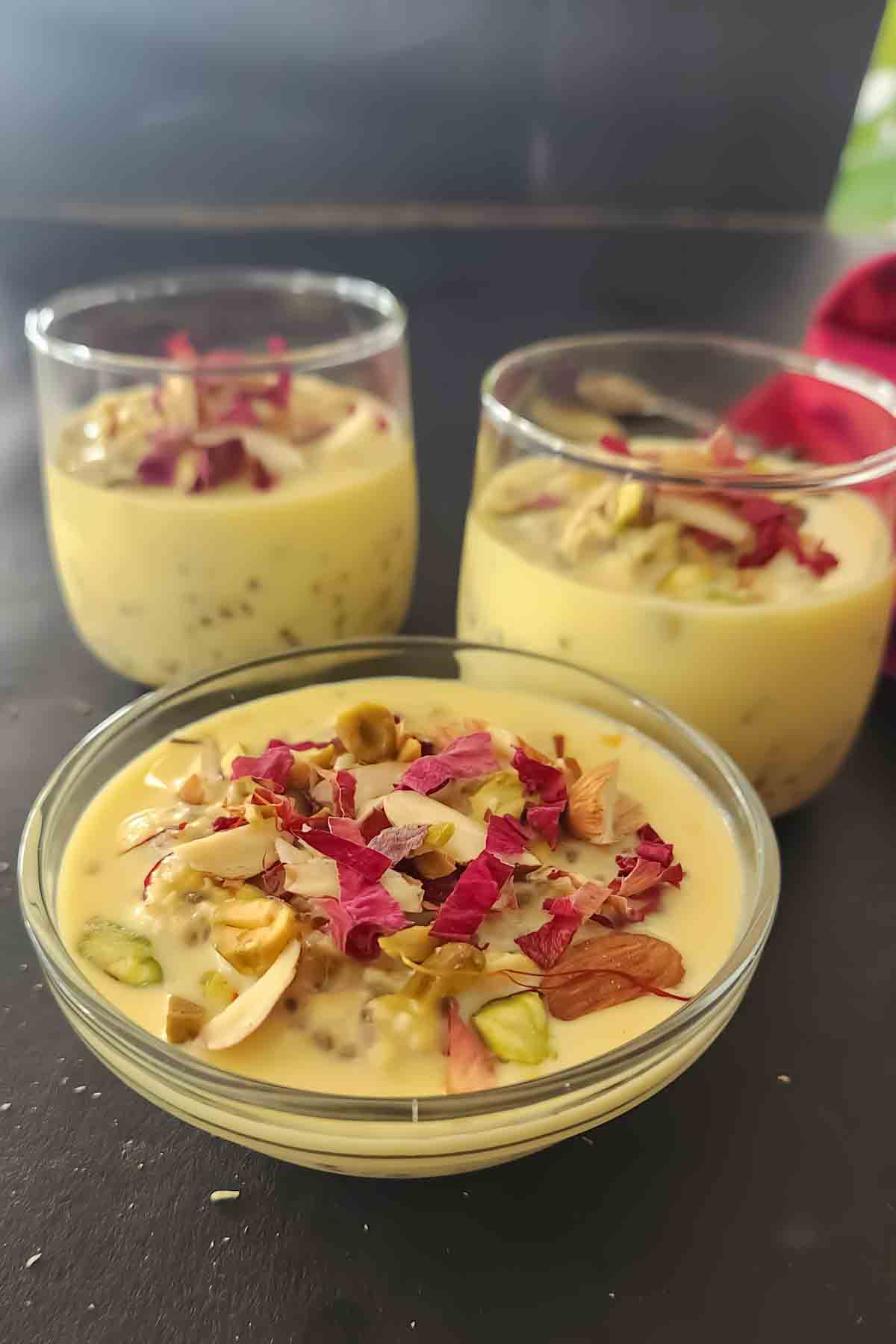 Saffron cardamom overnight oats made with almond milk and chia seeds.