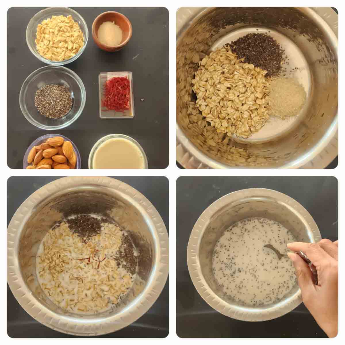 Image collage showing how to make no-cook kheer overnight oats.