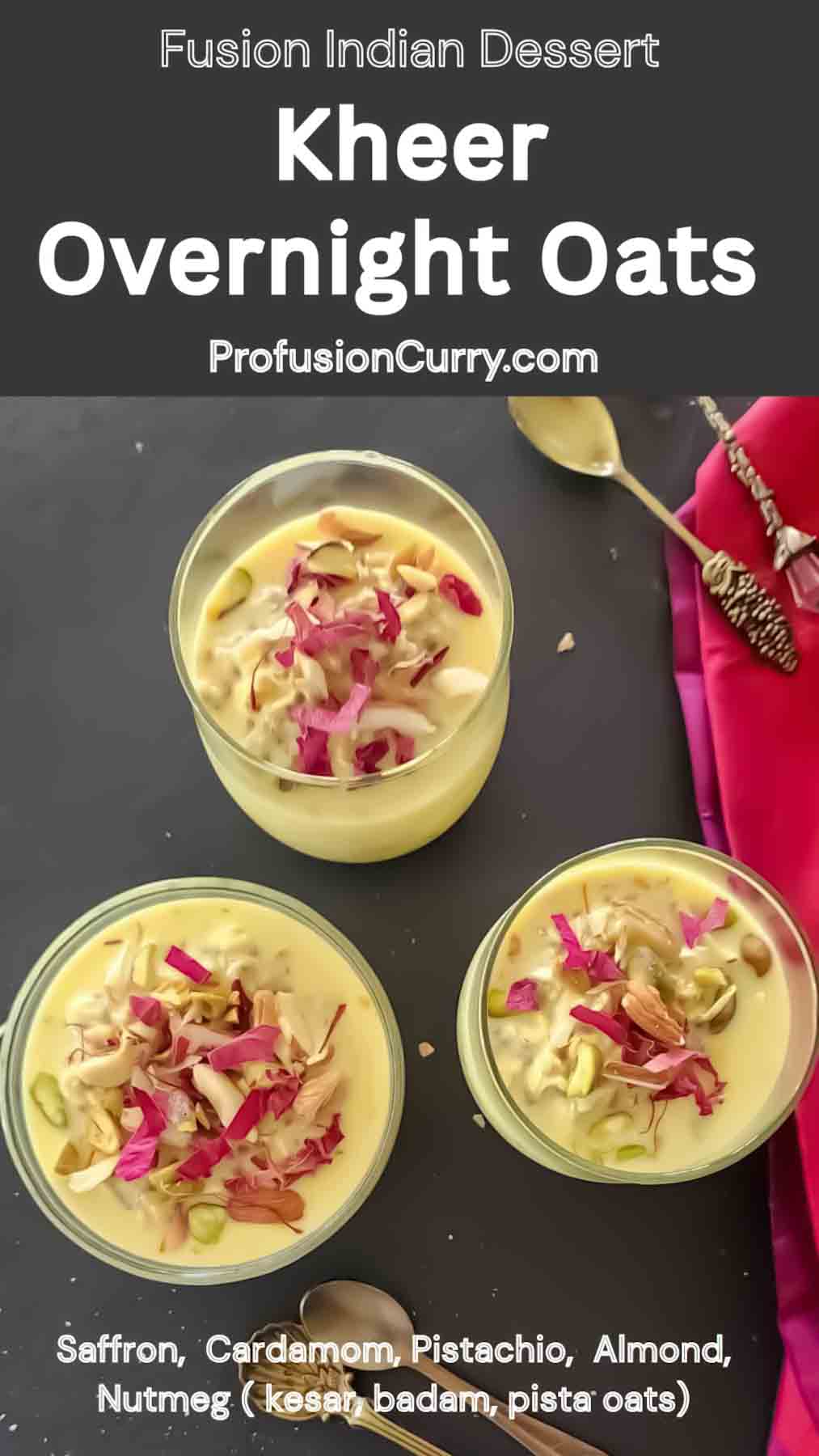 Almond milk overnight oats flavored with saffron, cardamom and nutmeg.