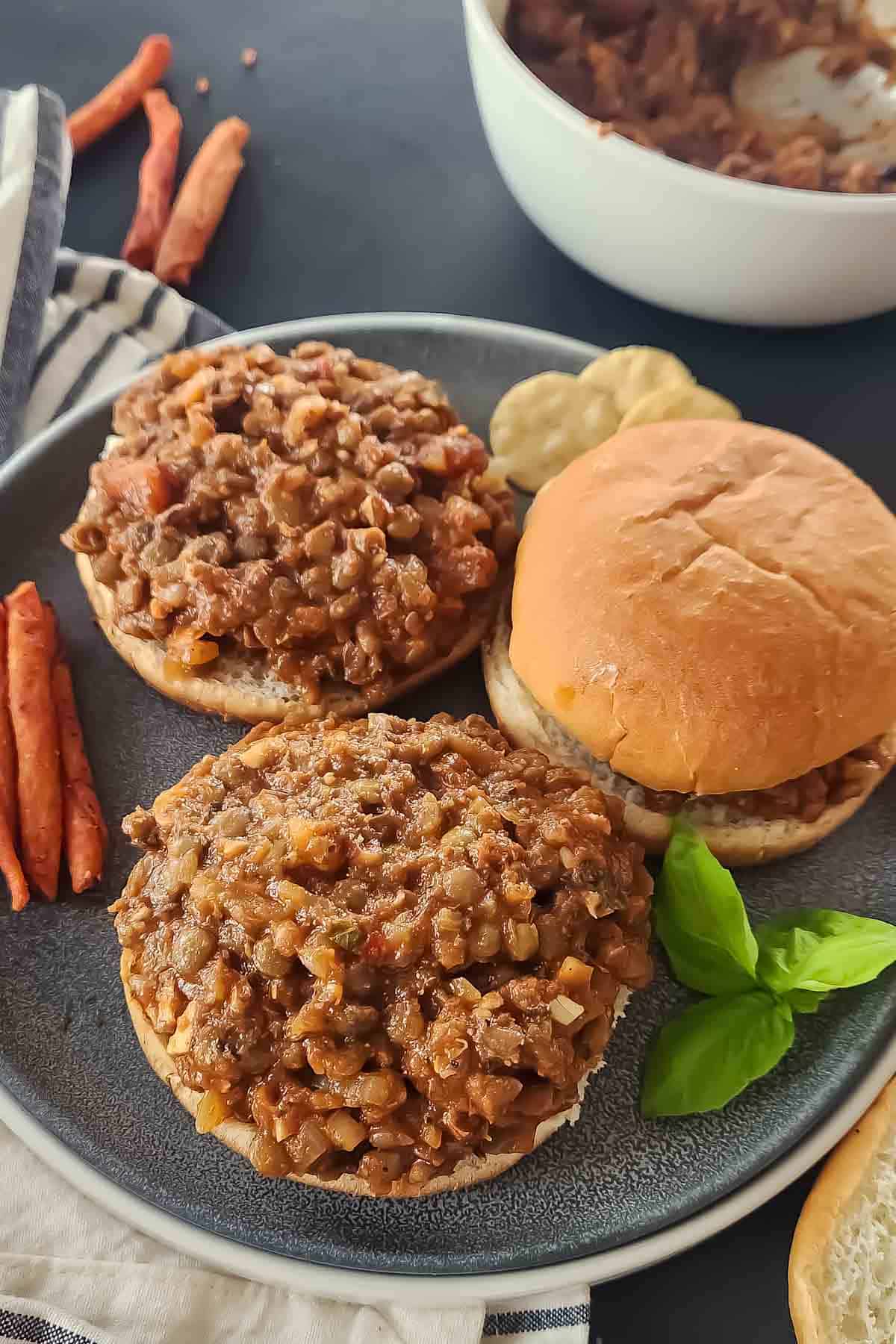 Healthy vegan sloppy joes made with lentils, onions, and bell peppers.
