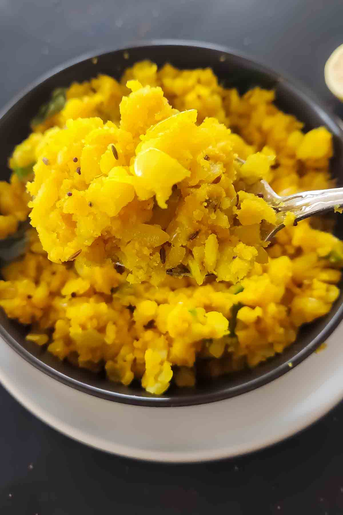 South Indian potato masala served as dosa filling in a bowl.