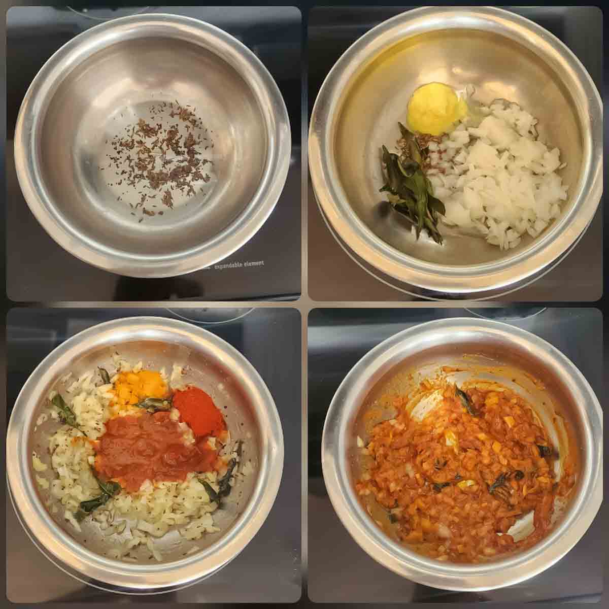 Picture collage showing step by step instructions in making vegetable vindaloo recipe.