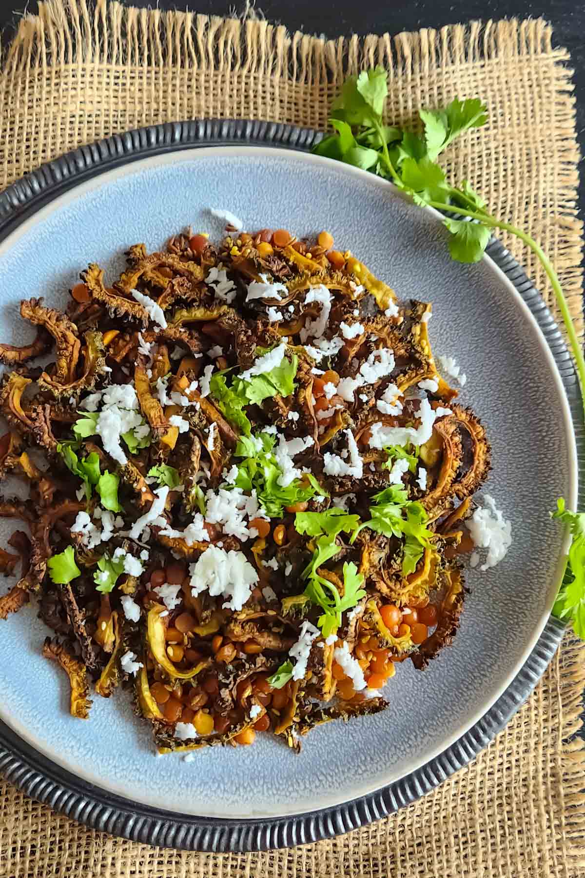 Crispy Air Fryer Karela with chana dal and Indian spices. 