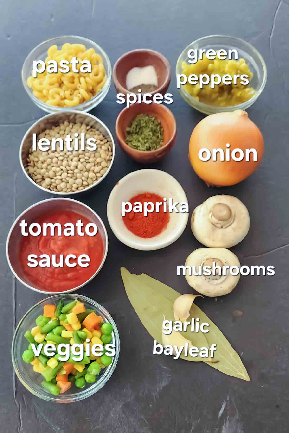 Ingredients used in making Budget friendly vegan American goulash recipe with pasta and lentils