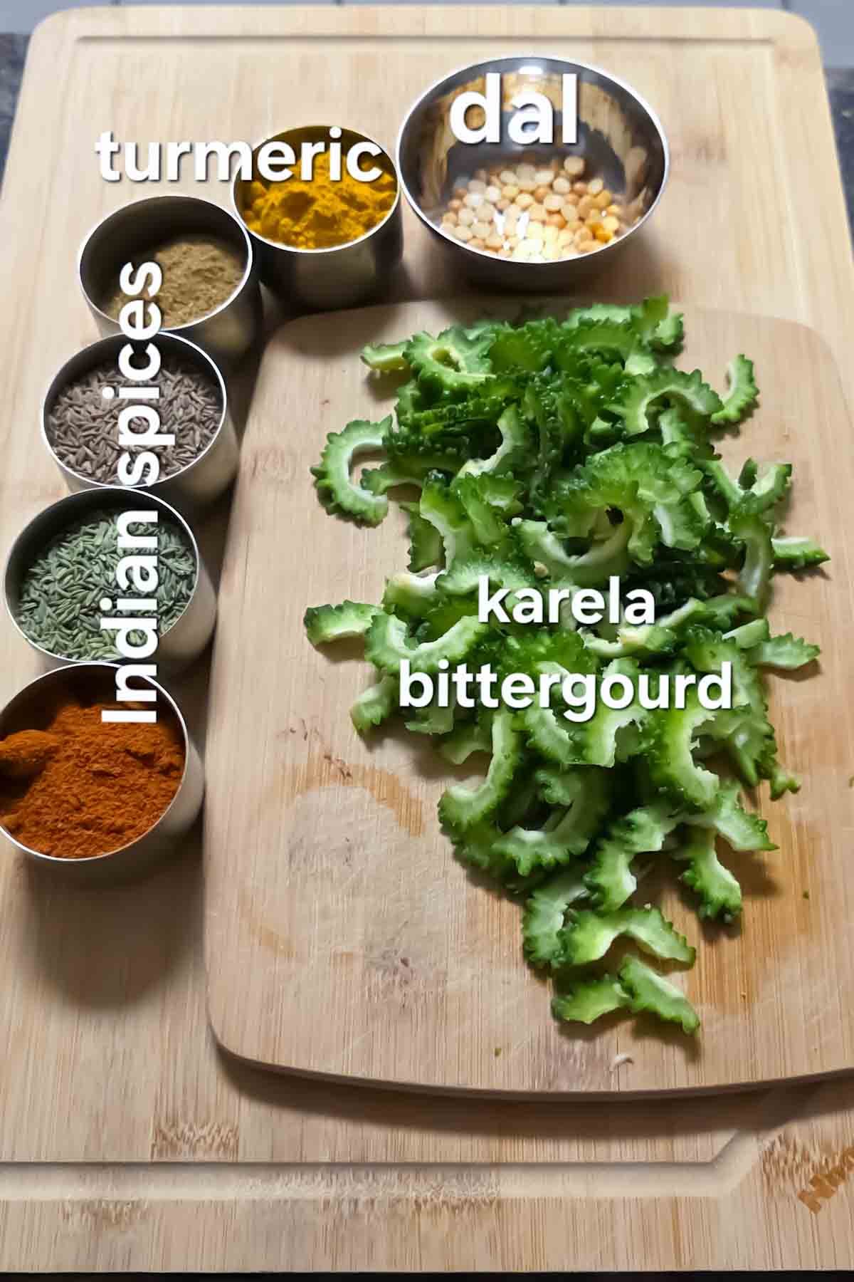 Vegan and gluten-free ingredients used in making Masala Karela- Spicy Bitter gourd stir fry in air fryer.