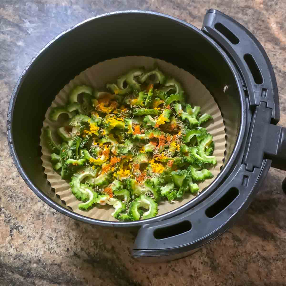 How to make air fryer crispy karela stir fry.