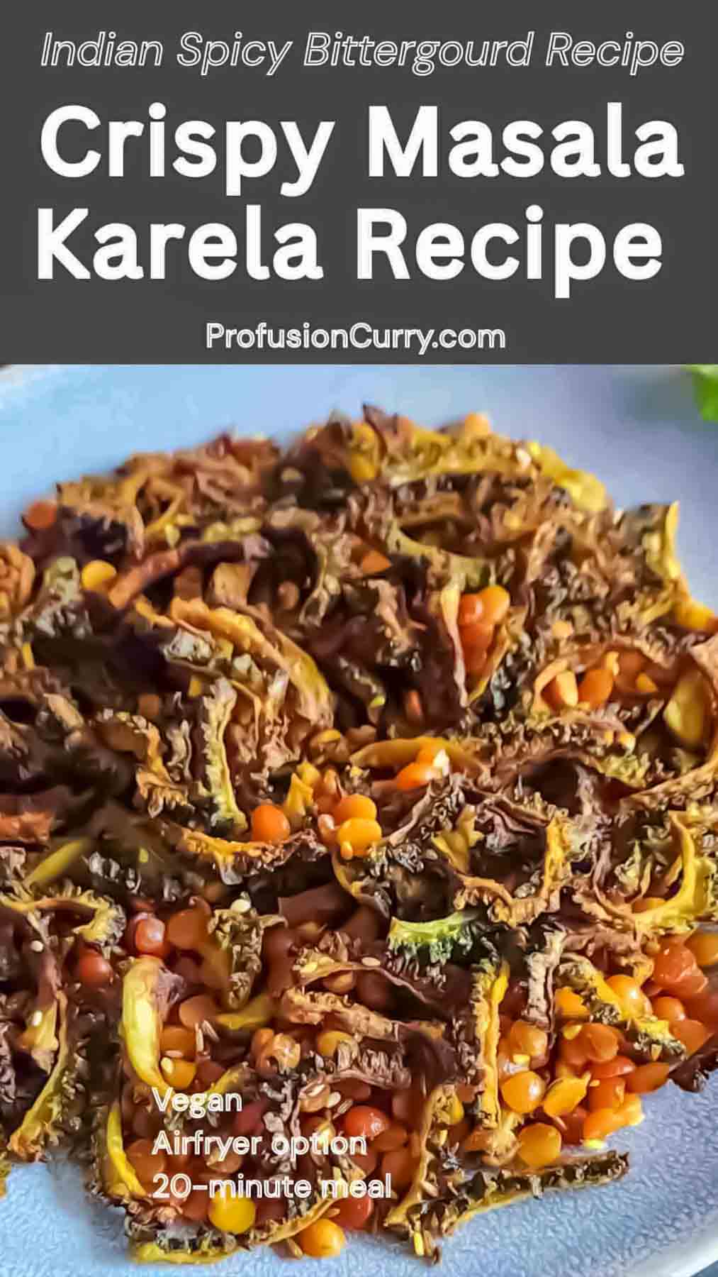 crispy Air Fryer Karela for an easy Indian side dish! Thinly sliced bitter gourd is tossed with chana dal and everyday Indian spices, then air fried until golden and crunchy. This flavorful Crispy Masala Karela uses very little oil and pairs perfectly with dal, rice, roti or paratha. A delicious bitter gourd recipe for anyone looking for an easy, healthier twist on traditional karela fry.