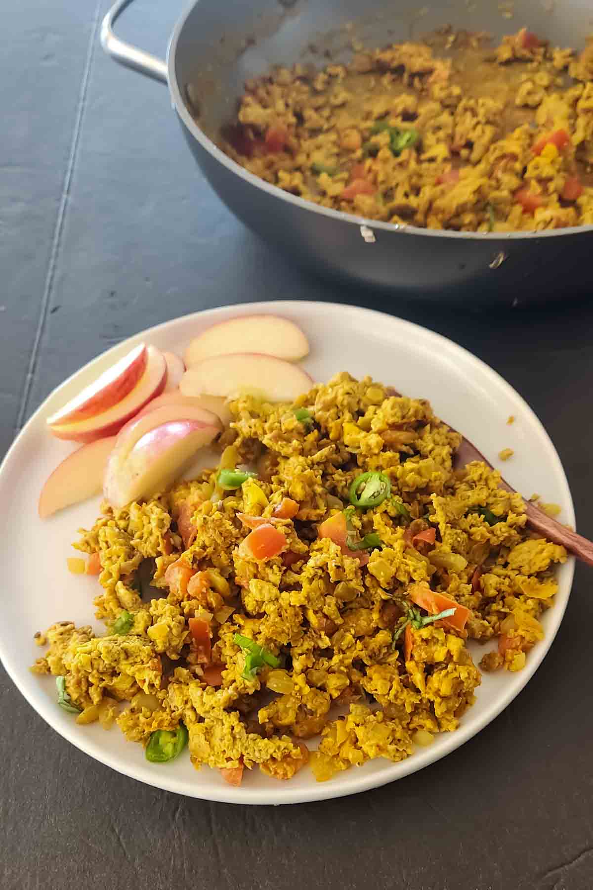 Egg bhurji made with scrambled eggs, onions, tomatoes, green chilies, and Indian spices.