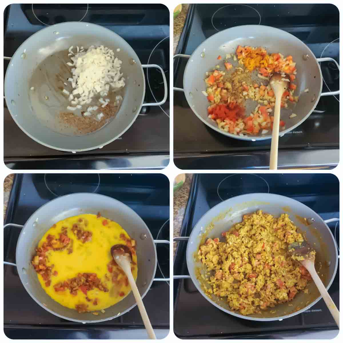 Process step collage showing how to make Anda Bhurji which is Indian Spiced Scrambled Eggs.