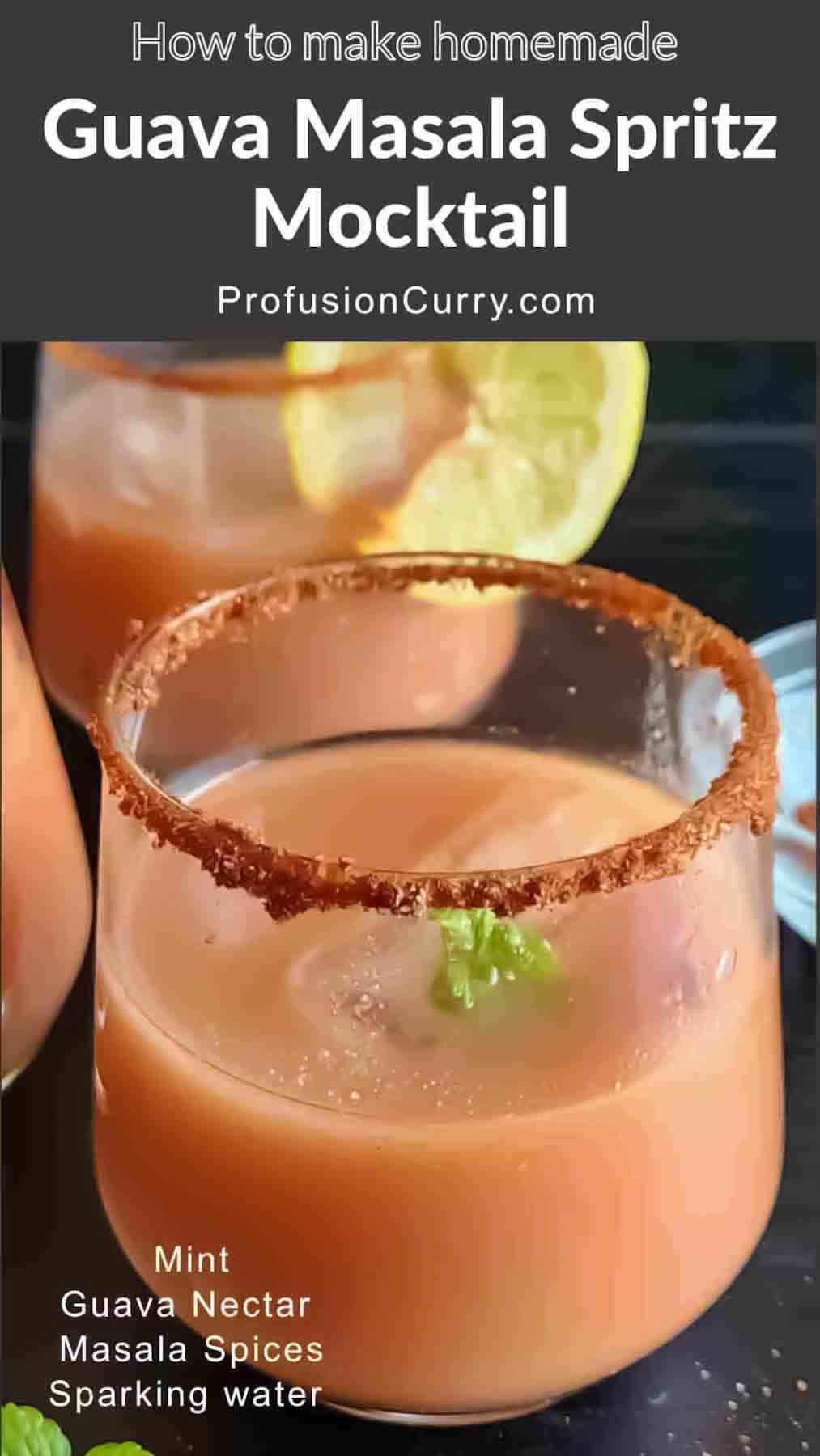 This refreshing Guava Mocktail is a fun Indian-inspired drink made with guava nectar, fresh lemon, mint, chaat masala and sparkling water. Sweet, tangy, fizzy and incredibly easy to make, this non-alcoholic guava drink is perfect for summer parties, brunch, entertaining and Indian celebrations. Save this easy guava mocktail recipe for your next gathering!