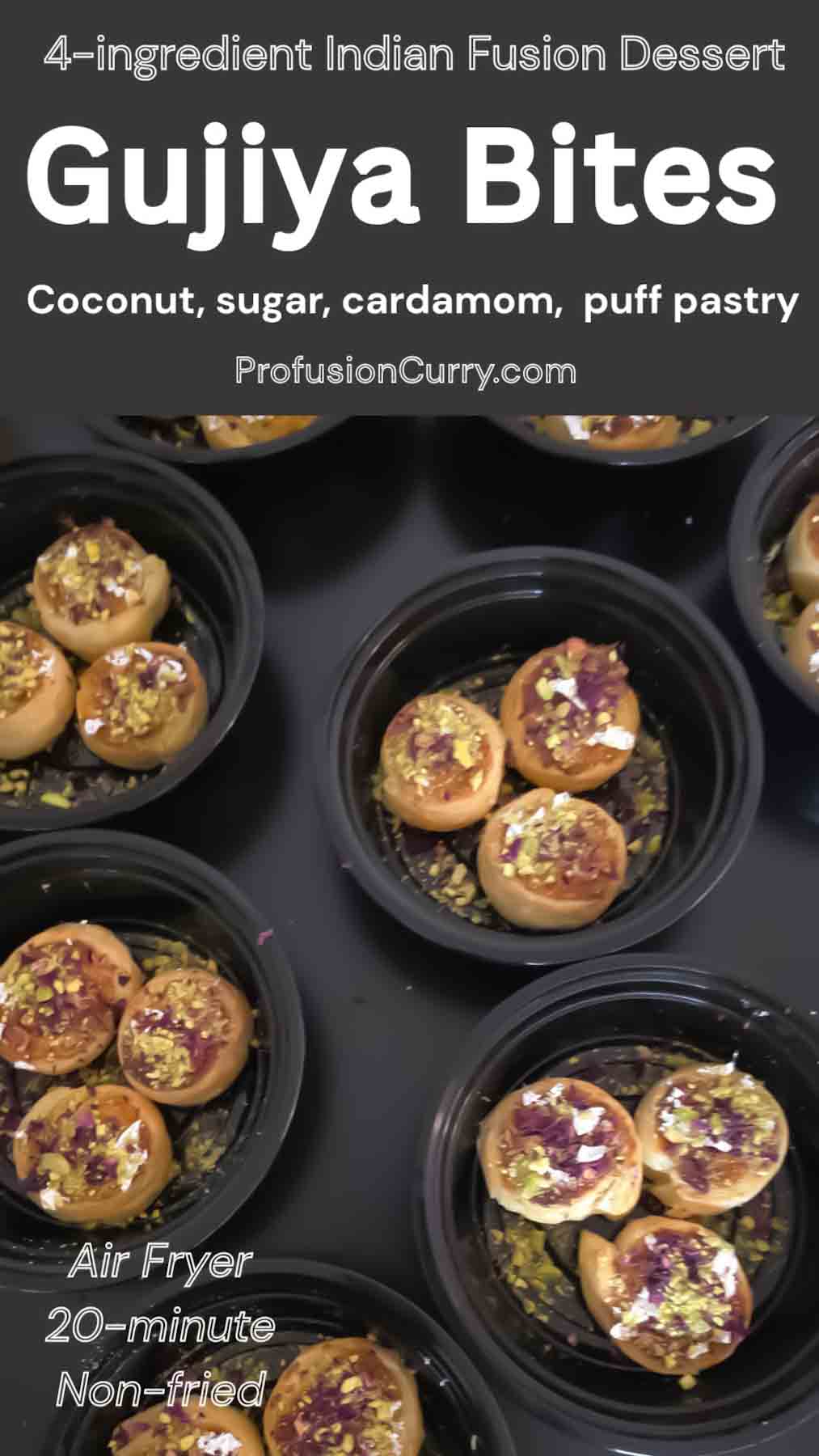 Make easy Air Fryer Gujiya Bites with puff pastry, coconut, cardamom, sugar and saffron. A quick Indian fusion dessert perfect for Holi and Diwali.